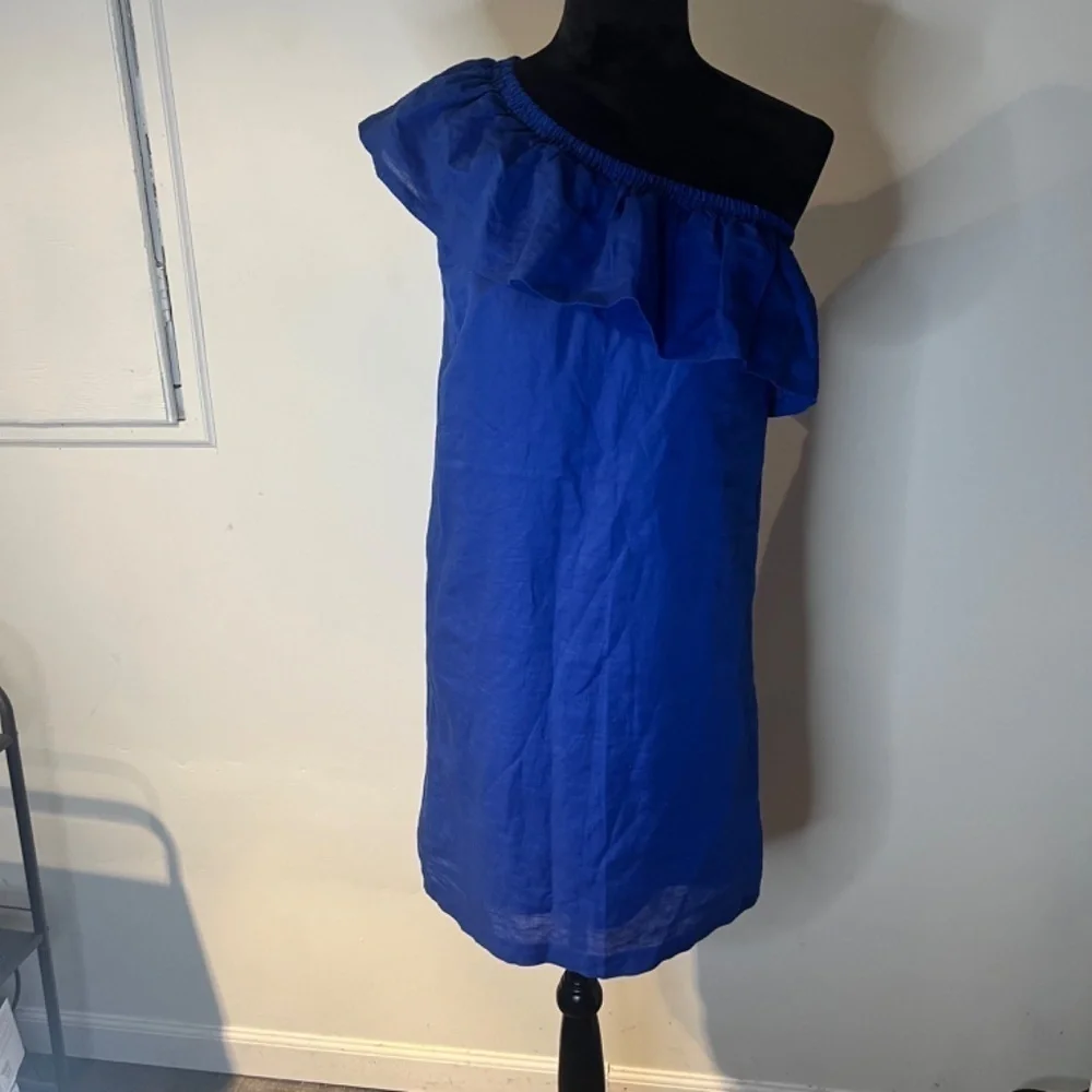 J. Crew Ruffle One Shoulder Linen Blend Shift Dress Royal Blue Women's XS